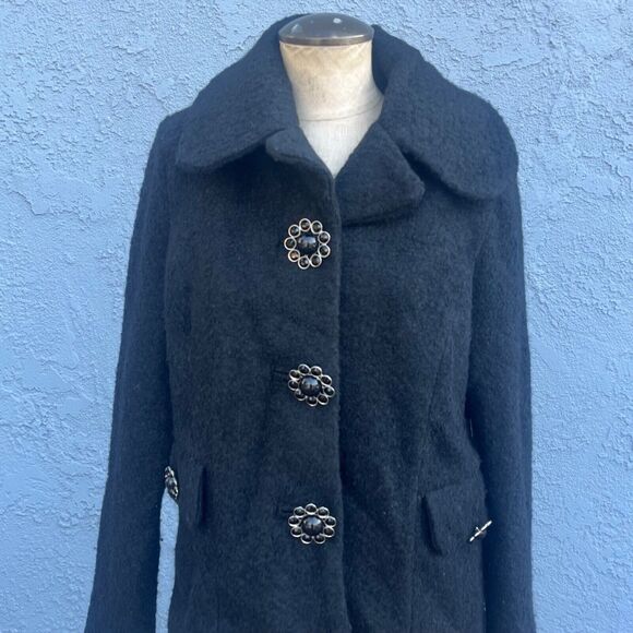 JOUJOU Black Wool Blend y2k Coat Pockets Size M Large collar jacket Jackie O - Picture 3 of 14